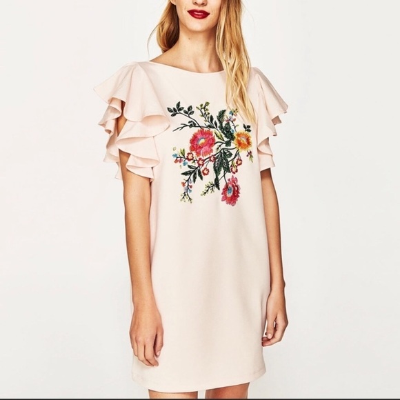 Zara | Dresses | Zara Embroidered Ruffle Sleeve Mini Dress